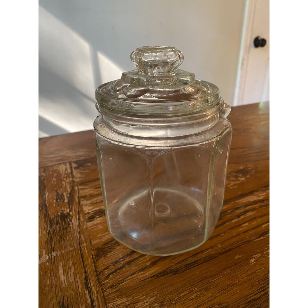 Vintage Hexagonal Clear Glass Jar With Lid  6" Tall  Multipurpose Use